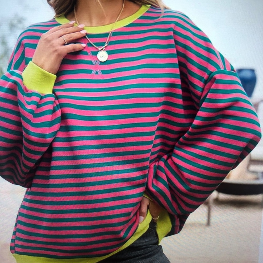Women’s Striped Crewneck Sweatshirt in Pink & Teal